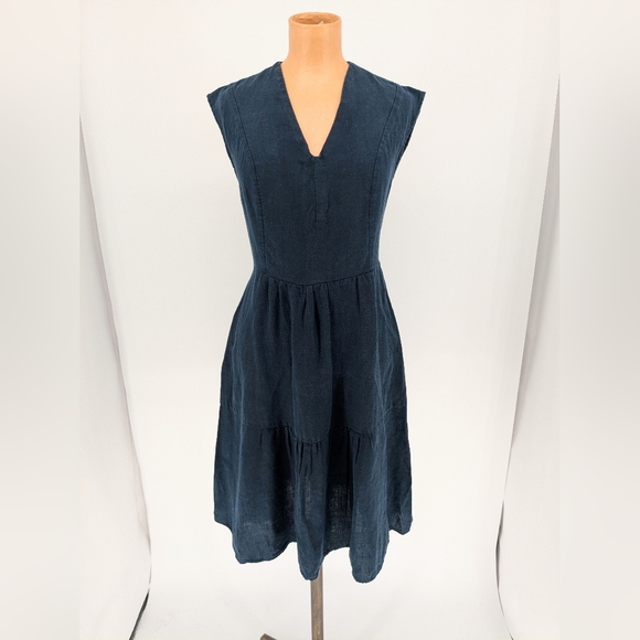 The Maybe Collection 100% Linen Tiered Dress Navy Blue Lagenlook Coastal Small - Picture 1 of 12